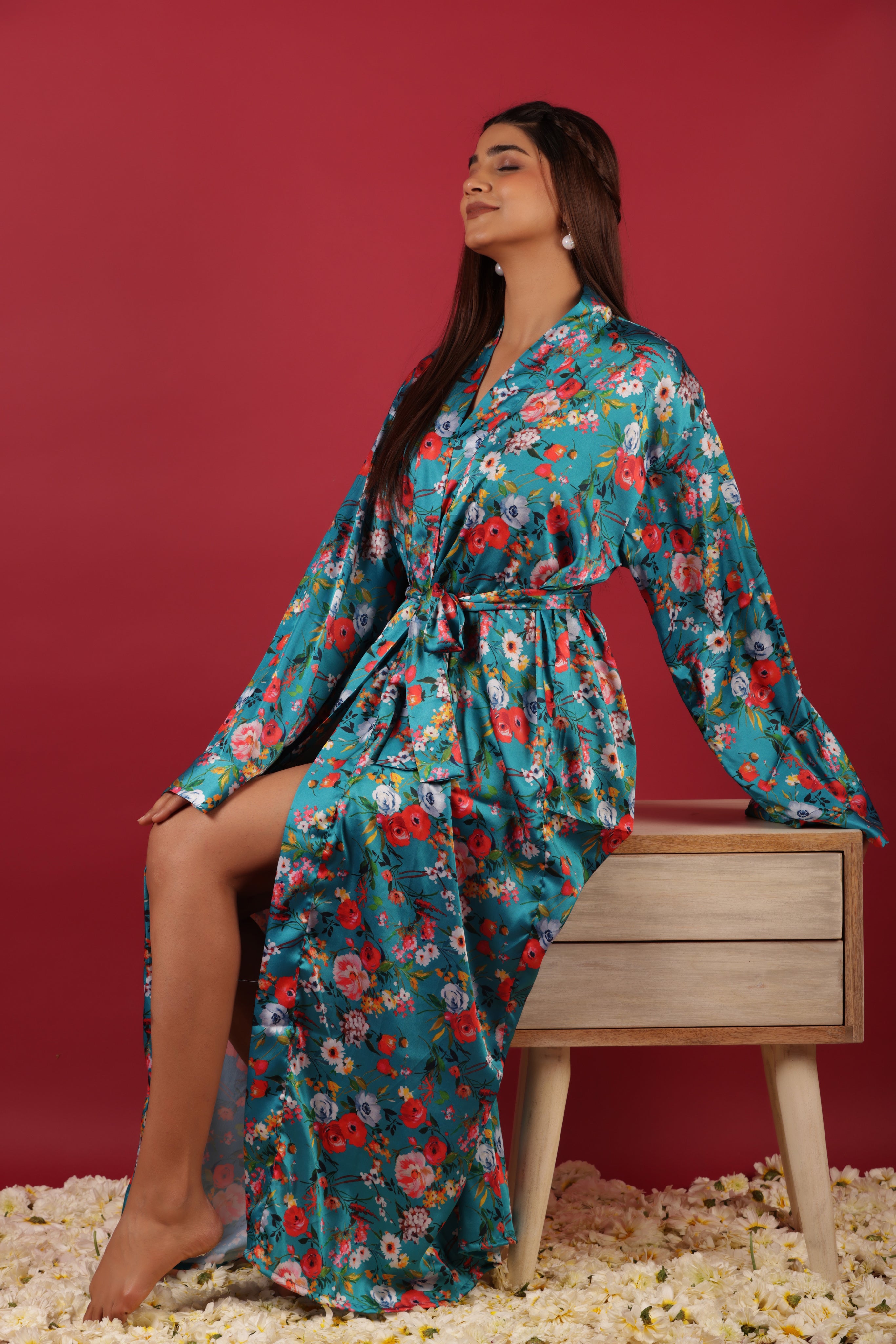 Ethnic Floral Printed Satin Kimono Long Robe